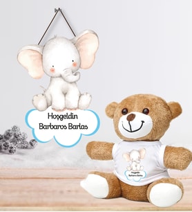 Kişiye Özel Bebek Kapı Süsü ve Peluş Ayıcık Seti – Baby Shower / Hastane Odası