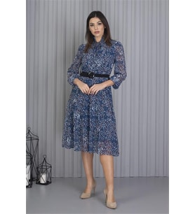 Neşeli Butik Kadın Indigo Kemerli Omuzları Gipeli Desenli Şifon Elbise APCX04 (İndigo)