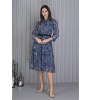 Neşeli Butik Kadın Indigo Kemerli Omuzları Gipeli Desenli Şifon Elbise APCX04 (İndigo)
