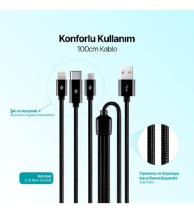 AlumiCable Trio Şarj Kablosu 1mt. Type-C, Lightning, Micro USB