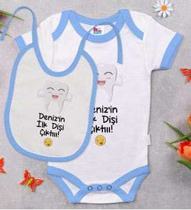 BK Kids Kişiye Özel İlk Diş Tasarımlı Mavi Bebek Body Zıbın ve Mama Önlüğü Hediye Seti