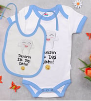 BK Kids Kişiye Özel İlk Diş Tasarımlı Mavi Bebek Body Zıbın ve Mama Önlüğü Hediye Seti