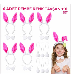 Şeker Pembesi Tavşan Sahne Seti 6&amp;#39;lı Set Taç Papyon Kuyruk