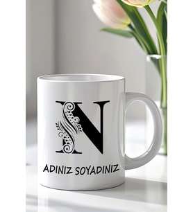 Kişiselleştirilebilir N Harfi Tasarımlı 330ml Baskılı Beyaz Seramik Kupa Bardak (Siyah Beyaz Baskili)