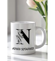 Kişiselleştirilebilir N Harfi Tasarımlı 330ml Baskılı Beyaz Seramik Kupa Bardak (Siyah Beyaz Baskili)