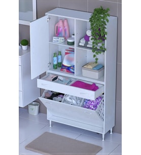 Eliusta Liora Beyaz Çok Amaçlı Banyo Dolabı 100 cm Genişliğe Sahip 100x171x32,5 cm Üç Sepetli 2 Raflı Dolap