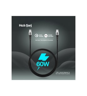 Ekstra Dayanıklı Transparan USB-C –USB-C 60W PD/QC 120cm Hızlı Şarj/Data Kablosu Siyah 2DK58S