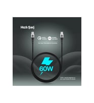 Ekstra Dayanıklı Transparan USB-C –USB-C 60W PD/QC 120cm Hızlı Şarj/Data Kablosu Siyah 2DK58S