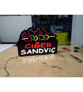 Ciğer Sandviç Görselli Yazılı Tabela 3D Led Neon Etkili Işıklı Tabela 30X45 CM Tek Taraflı