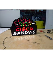 Ciğer Sandviç Görselli Yazılı Tabela 3D Led Neon Etkili Işıklı Tabela 30X45 CM Tek Taraflı