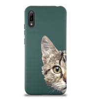 Huawei Y6 2019 Uyumlu Lansman Kılıf Catface Tasarımlı İçi Kadife Kapak-Yeşil (Şeffaf)