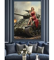 Tank Üstünde Pinup Kadın Dekoratif Kanvas - Mdf Ahşap Tablo