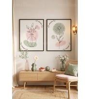 Pastel Minimalist Çiçek ve Bitkiler 2'li Ahşap Çerçeveli Tablo Seti