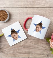 Kişiye Özel Mavi Yıldız Kafa Fotoğraflı Kırmızı Kupa ve Bardak Altlığı