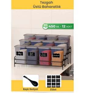 12 Li 450 ml Metal Standlı Baharatlık Seti Etiket Ve Kaşık Hediyeli Baharat Standı Rafı