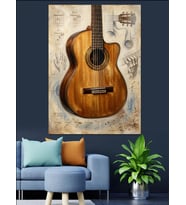 Antik Kağıtta Klasik Akustik Gitar Dekoratif Kanvas - Mdf Ahşap Tablo
