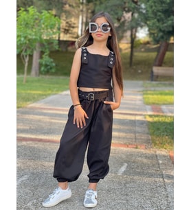 Kız Çocuk Siyah Kemer Dahil Gabardin Pantolonlu  3'lü Takım - 5/14 Yaş - 31743