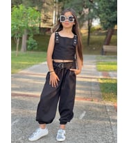 Kız Çocuk Siyah Kemer Dahil Gabardin Pantolonlu  3'lü Takım - 5/14 Yaş - 31743