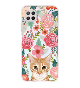Huawei P40 Lite Uyumlu Kedi ve Çiçek Desenli Şeffaf Telefon Kılıfı