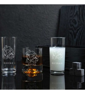 Ahşap Kutulu Boğa Figürlü Kişiye Özel Rakı ve Taşlı Viski Kadehi Seti