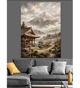 Sisli Dağlar Önünde Japon Evi Dekoratif Kanvas - Mdf Ahşap Tablo