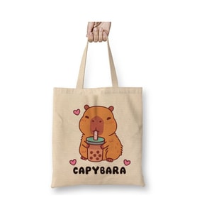 Kapibara & Capybara Beyaz Bez Çanta Uzun Saplı Alışveriş Çantası Plaj Çantası