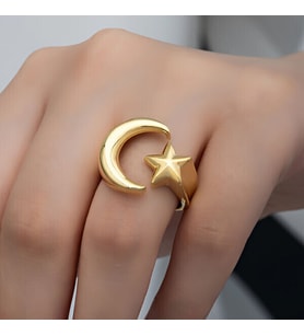 Ay Yıldız Ayarlanabilen Gold 925 Ayar Gümüş  Kadın Yüzük