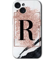 İphone 15 Plus Kılıf HD Desen Baskılı Kılıf - Pembe Mermer Desenli R Harfi