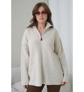 Kadın Dik Yaka Yarım Pat Fermuar Kapama Yumuşak Dokulu Oversize Triko Kazak 8702Sw (Taş)