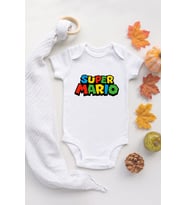 Özel Tasarım Super Mario Yazılı Baskılı Bebek Body Bebek Badi Zıbın