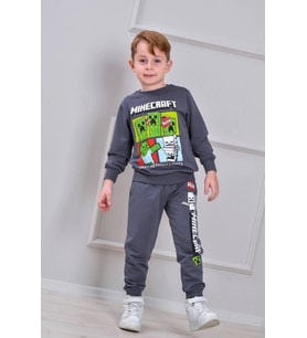 Cg Kids Minecraft Erkek Çocuk 2 İplik Alt Üst Takım Süper Kalite Kumaş Eşofman Detay (Gri)