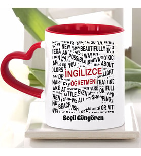 İngilizce Öğretmeni Kırmızı Kalpli Kupa Bardak (2. Tasarım)