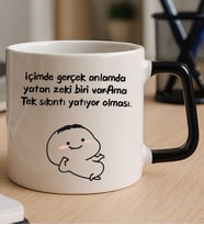 Seramik Siyah Kulplu Baskılı LatteKahve KupaBardak (Düz Beyaz)