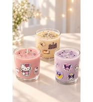 Pembe Lila Krem Tonlu 3'lü Karakter Desenli Soya Mum Hediye Seti