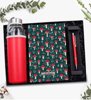 Kişiye Özel Mantar Desenli Defter & Gümüş Renk Detaylı Kırmızı Tükenmez Kalem & Özel Deri Kılıflı 500Ml Kırmızı Su Matarası Hediye Seti