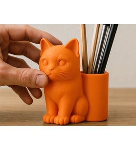 3D Baskı Kedi Figürlü Kalemlik - Masaüstü Organizer - Turuncu