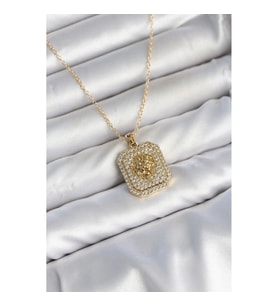 Mey İthalat® 316L Çelik Zincir Gold Aslan Madalyon Model Zirkon Taşlı Kadın Kolye