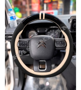 Citroen C4 Cactus Dikme Direksiyon Kılıfı Parlak Siyah Bej Detaylı Bej Çift Yüzük ve Dikiş 2018-2020