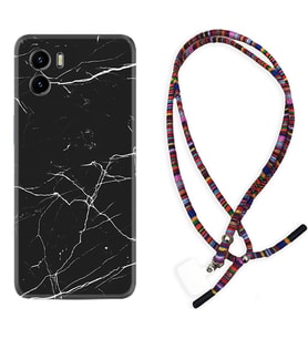 Vivo Y15S Y32 Y33S Y51 Y53S Kılıf Boyun Asklı Rasta Silikon Siyah Mermer 1299