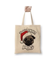 Pug Köpek Christmas Yılbaşı Yeni Yıl Beyaz Bez Çanta Uzun Saplı Alışveriş Çantası