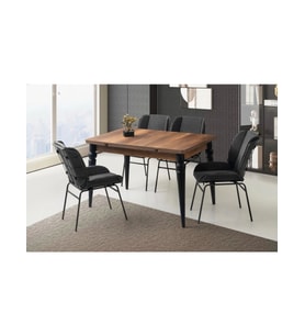 Ahşap Salon Yemek Masa Sandalye Takımı 4 Yonca Sandalyeli Yandan Açılır Büyüyen Ceviz 110x70cm