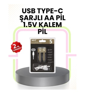 Mey İthalat® Tekrar Şarj Edilebilir AA USB Type-C Pil 1000+ Döngü 1.5V Sabit Voltaj