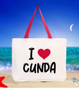 BK Gift I Love Cunda Renkli Kulp Kanvas Plaj Çantası 48x40m, Baskılı Omuz Çantası, Alışveriş Çantası (Kırmızı)