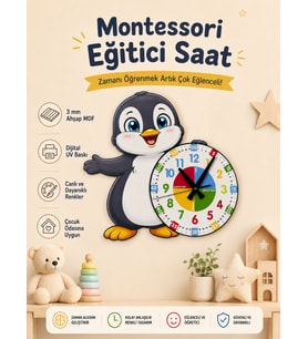 Sevimli Penguen Montessori Çocuk Odası Eğitici Ahşap Duvar Saati - Sessiz Mekanizma, Şık Tasarım Saat