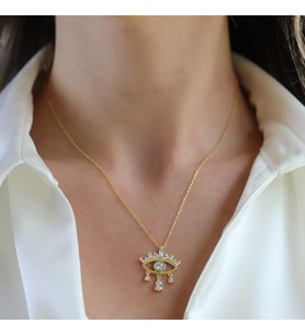 Göz Modeli Damla Taşlı Gold Gümüş Kolye