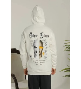 Erkek Sırt Baskılı Oversize Üç İplik Kapüşonlu Sweatshirt - Beyaz