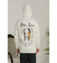 Erkek Sırt Baskılı Oversize Üç İplik Kapüşonlu Sweatshirt - Beyaz