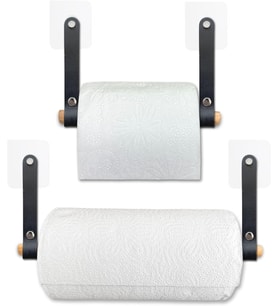 Ahşap & Deri Tuvalet Kağıtlığı ve Kağıt Havluluk Banyo Peçetelik, WC Kağıtlık, Dolap Altı Havlu Askısı (Siyah, 2'li Set)