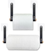 Ahşap & Deri Tuvalet Kağıtlığı ve Kağıt Havluluk Banyo Peçetelik, WC Kağıtlık, Dolap Altı Havlu Askısı (Siyah, 2'li Set)