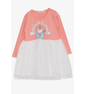 Breeze Kız Çocuk Uzun Kollu Elbise Unicorn Baskılı 1.5-5 Yaş, Somon